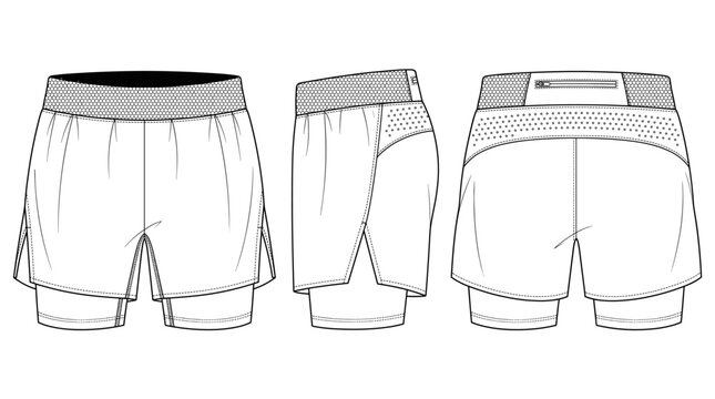 Trail running shorts technical drawing blueprint with front side back and top views CAD line art vector illustration