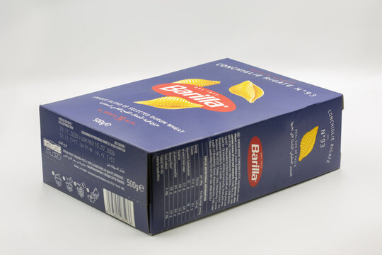 Barilla Conchiglie Rigate n.93 pasta box packaging closeup on white.