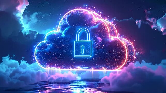 Digital Cloud Security Lock in Neon Lights with Stormy Sky Background.