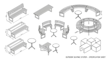 Outdoor seating system specification sheet with isometric furniture components © Saharia