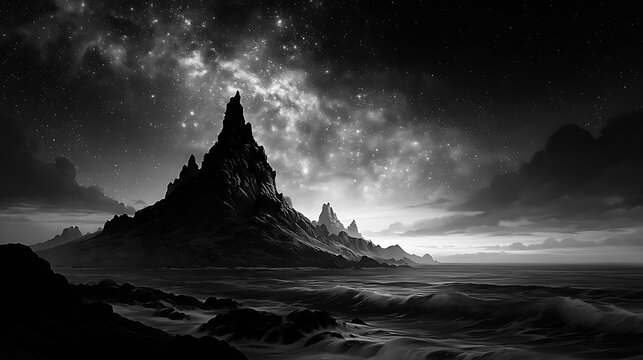 Dramatic black and white view of a galaxy over a distant cape headland