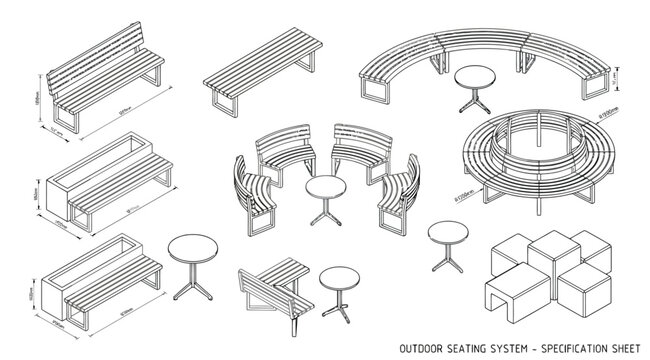 Outdoor seating system specification sheet with isometric furniture components