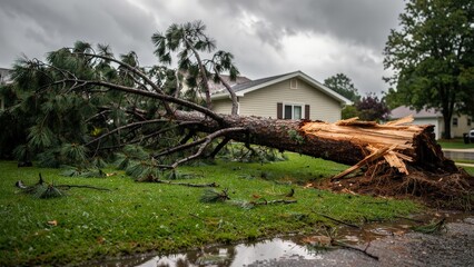 Fototapeta premium The aftermath of a storm with a fallen tree on a residential lawn, highlighting the importance of property management and risk assessment in the face of natural disasters.