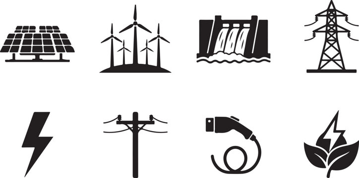 Renewable Energy Icons, Solar Power Symbols, Electricity Signs, Sustainable Vector Graphics
