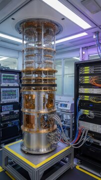 Advanced quantum computing apparatus with intricate wiring and monitoring equipment in lab