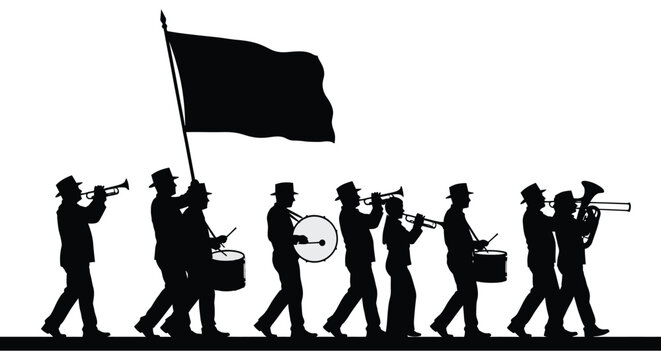 Marching band procession with trumpets drums and a flag black silhouette high quality professional detailed modern elegant stylish clean crisp vibrant