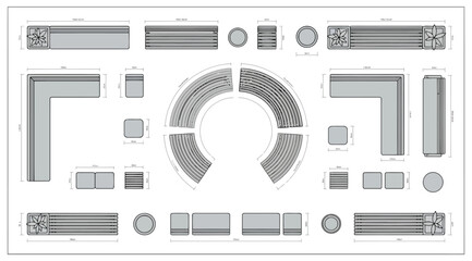 Top view of modern outdoor park furniture set, benches, planters, and circular seating arrangements © Saharia