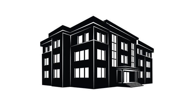 Detailed building silhouette with multiple stories and rectangular windows black on white silhouette high quality professional detailed modern elegant stylish clean