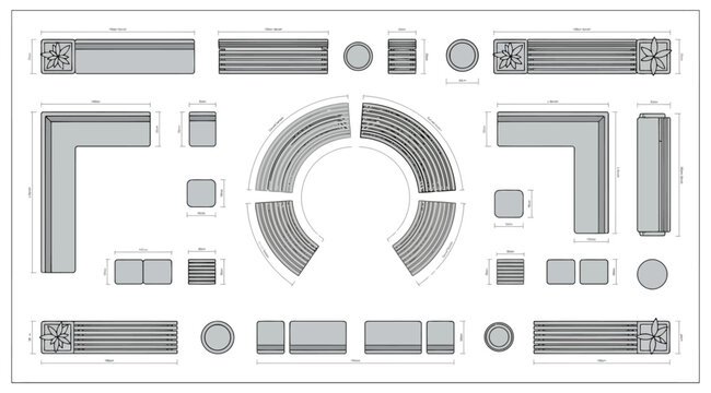 Top view of modern outdoor park furniture set, benches, planters, and circular seating arrangements