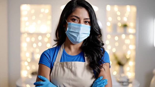 Portrait of beautician wearing face mask and gloves in salon