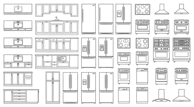 Kitchen furniture and appliances line art set