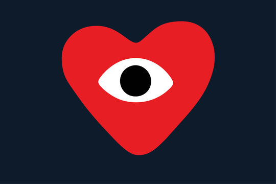 Heart eye eyeball logo emoji clipart red love symbol with single flat doodle drawing vector style on dark blue background