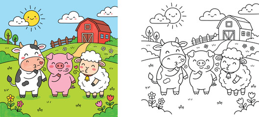 Cute cartoon farm animals featuring cow, pig, and sheep standing on a green field with a red barn in the background, including a black and white line art coloring page version for kids © MMONIR