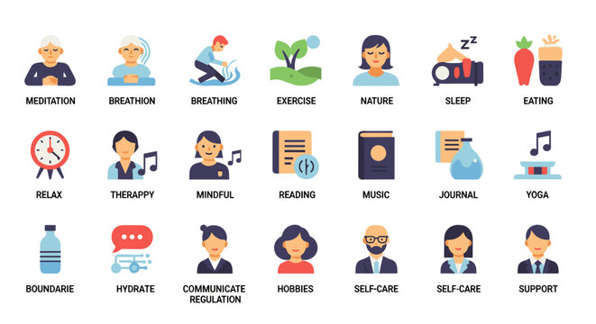 Set of colorful flat design icons depicting various wellness activities, including meditation, exercise, sleep, healthy eating, and self-care practices, promoting mental and