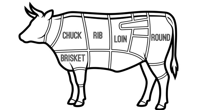 Beef Cut Chart with Cow Silhouette and Primary Meat Labels