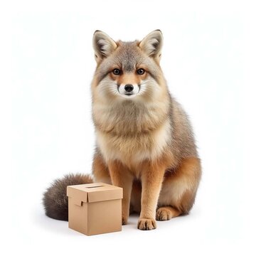 A cute fox sitting next to a small cardboard box isolated on white background