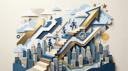 Fototapeta premium Paper cut art illustration of business professionals climbing stairs toward upward arrows and stars in a city skyline