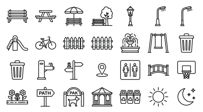 Collection of park amenities and outdoor public space icons