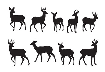 A set of black deer silhouettes and wild animal vector illustrations featuring a nature collection of stag and reindeer icons for wildlife design © Faisal