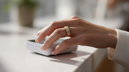 Fototapeta premium Close up female hand interact with a white modern tech device on a light desk, featuring a simple ring, showcasing current technology use and connection