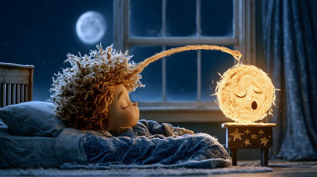 June 1 Children's Day Bedside Moon Picking Creative Poster, Child Lying Bed Perspective, Real Moon Outside Window, Crayon Imagination Arm Picking Moon, Glowing Night Light, Star Stickers Half Real Hal