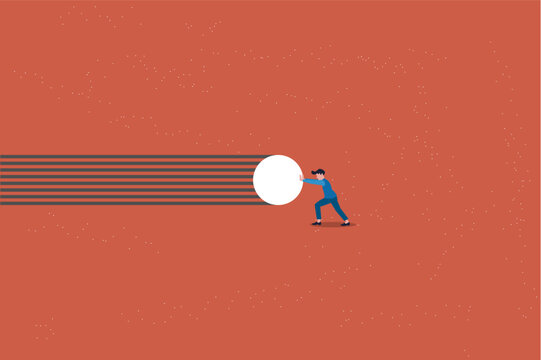 Businessman pushing big ball. concept of difficulty, ambition, motivation, struggle