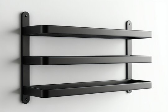 Sleek black metal wall-mounted shelf with three parallel bars. Minimalist design for bathroom or kitchen storage and organization. Practical home decor accessory for modern interiors.