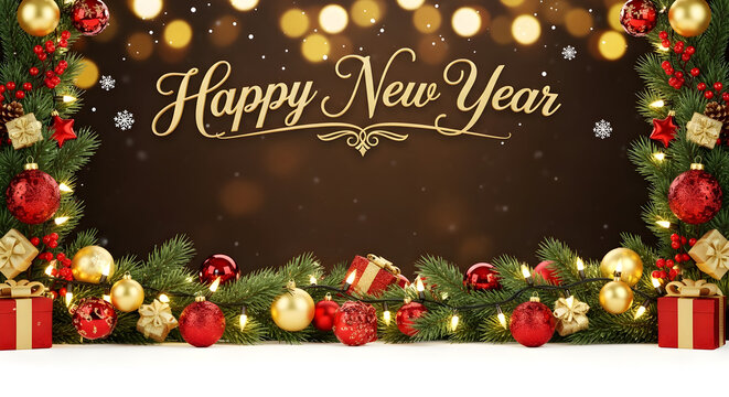Festive christmas and new year decorations with gifts ornaments and garland