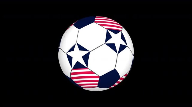 soccer ball football with an American team USA ( United States of America ) theme stars and stripes pattern design slowly revolving in the centre of frame on its axis 4K sports presentation graphic