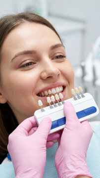Happy smiling Caucasian woman at a dentist while a doctor in pink gloves uses a shade guide to match her tooth color. Aesthetic dentistry and teeth whitening close up.