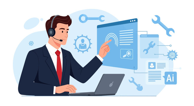 Man with headset using AI interface for technical support and digital solutions