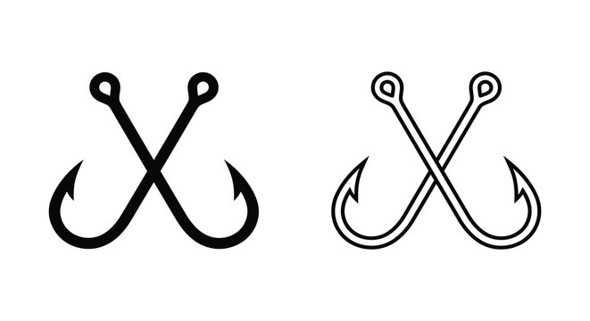 crossed fishing hooks black and white silhouette