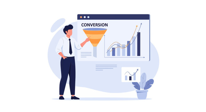 Marketing funnel conversion graph and businessman illustration