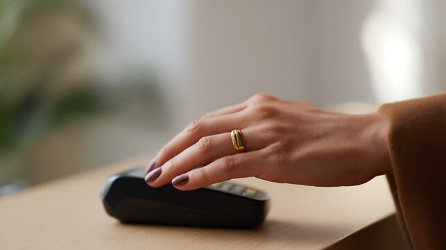 Woman's elegant hand with ring and manicure on payment terminal, ready to complete a transaction in a modern retail or service setting