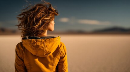 Fototapeta premium Woman Standing Alone on the Edge of a Vast Salt Flat Landscape