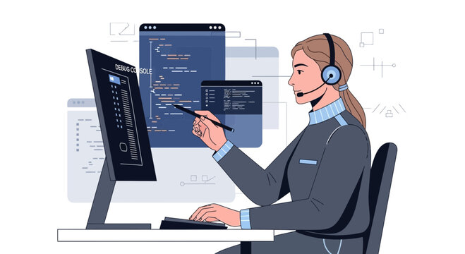 Programmer female with headset at computer, coding and support concept