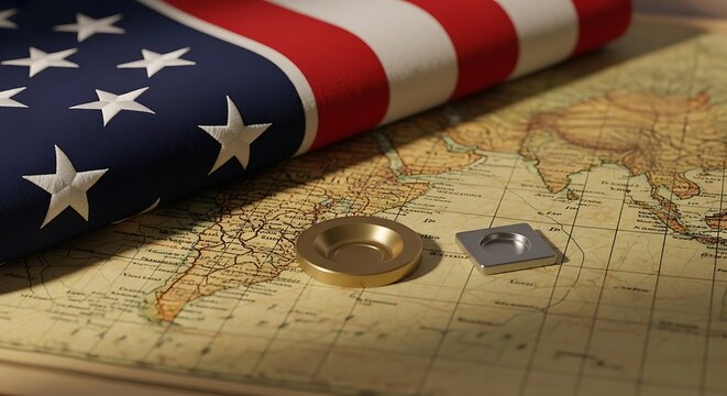 American flag on a vintage world map with two metal objects