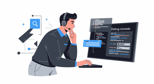 Programmer working on computer, debugging code, wearing headset, modern illustration