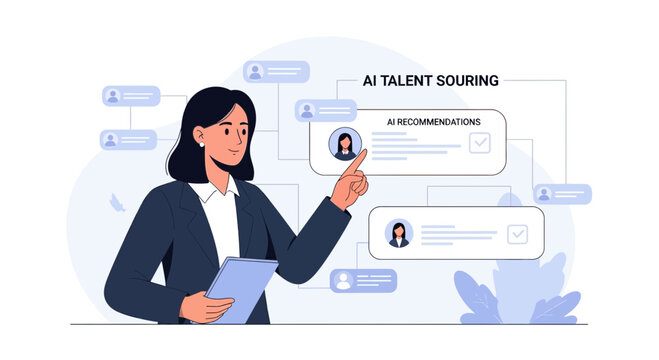 Recruitment AI talent sourcing woman pointing to AI recommendations flowchart