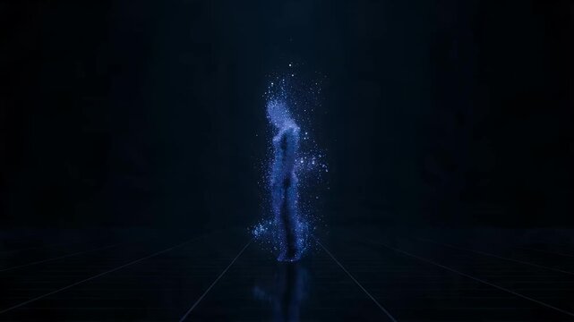 Mysterious digital transformation of blue particles into ethereal form in dark space