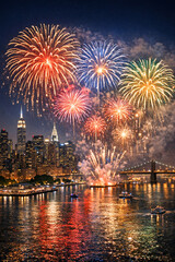 Obraz premium Vibrant display of fireworks illuminating the cityscape at dusk.