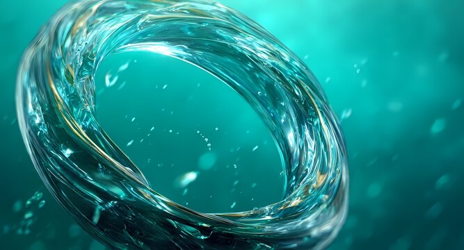 Abstract turquoise water ring swirling in motion, liquid glass vortex with droplets on dark background