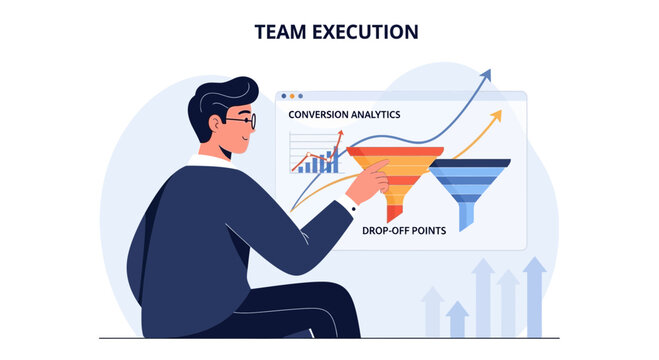 Business Man Analyzing Conversion Funnel Metrics for Team Execution Growth