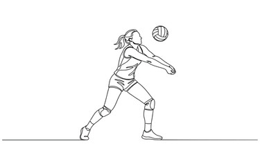 Fototapeta premium One continuous line drawing of young female professional volleyball player in action on court.