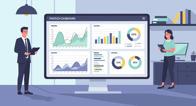 Business professionals analyzing data on a large monitor displaying various charts and graphs in an office setting.