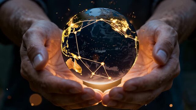 人の手が暗闇で発光する地球儀を包む