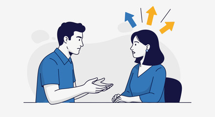 Fototapeta premium Man Explaining Ideas to Woman with Arrows Representing Concepts