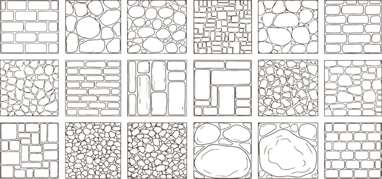 Hand-drawn stone wall and brick masonry seamless pattern collection for architectural background design vector illustration.
