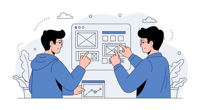 UX designers collaborating on website wireframes, digital interface development concept