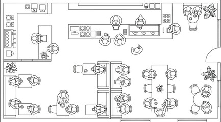 Obraz premium Top view floor plan of a coffee shop interior with bar counter, tables, and seating